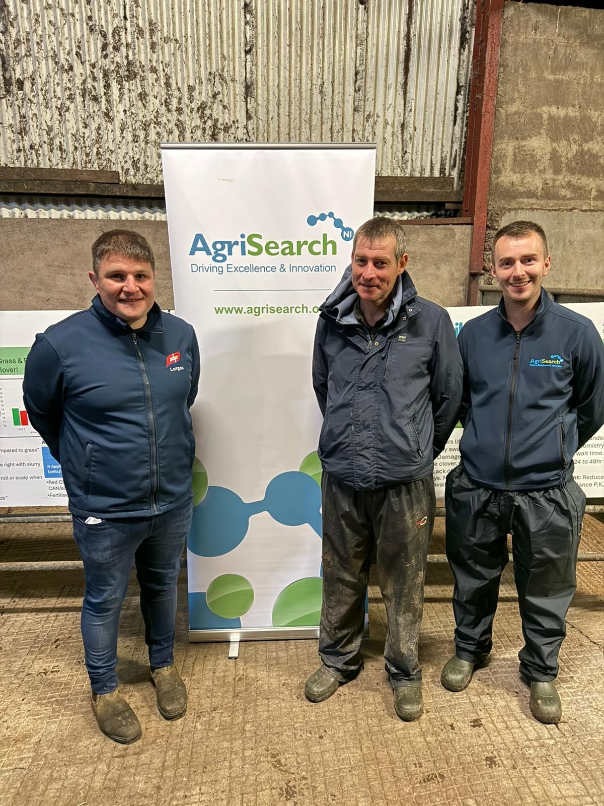 Stuart Cromie (ABP), Oliver McKenna (Host Farmer) and John Morrow (Agriculture Manager, AgriSearch)